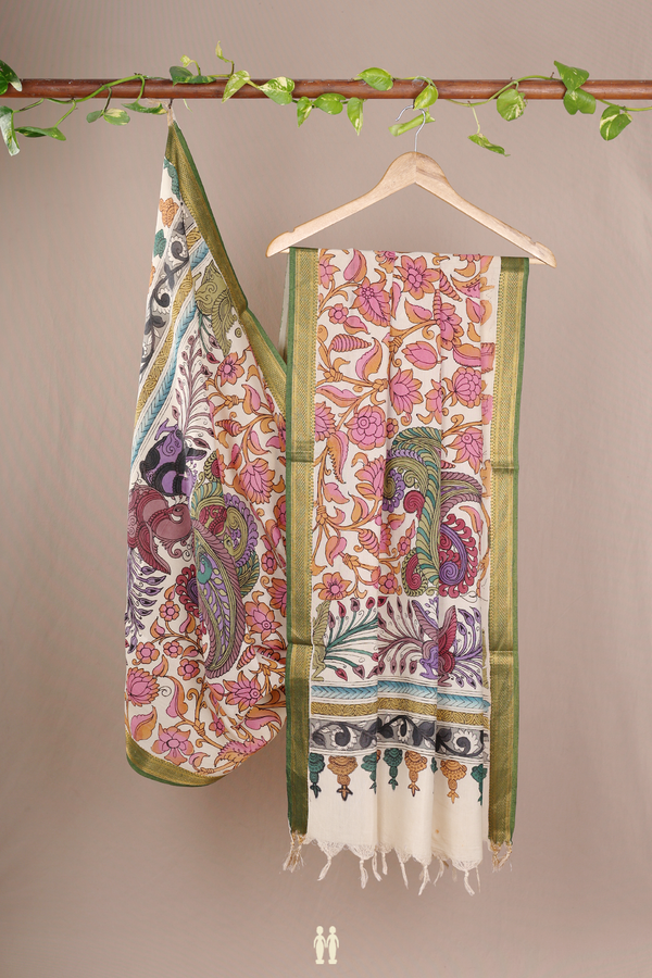 Peacock Hand Painted Beige Kalamkari Cotton Dupatta