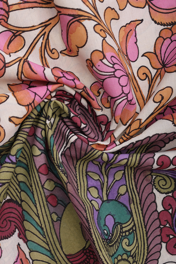 Peacock Hand Painted Beige Kalamkari Cotton Dupatta
