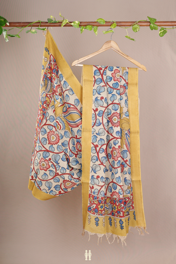 Floral Hand Painted Beige Kalamkari Cotton Dupatta