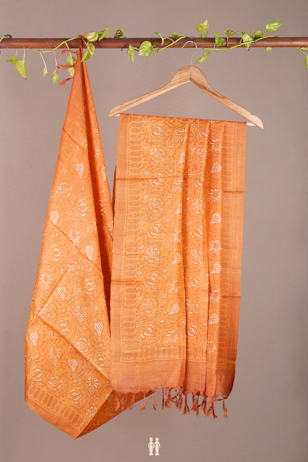 Floral Printed Design In Orange Tussar Silk Dupatta