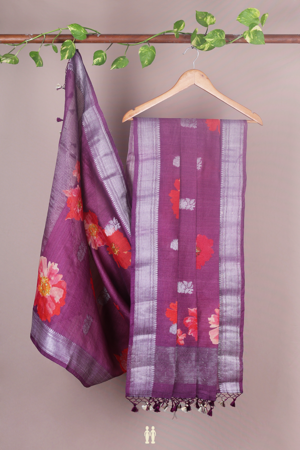 Floral Printed Design Purple Tussar Silk Dupatta