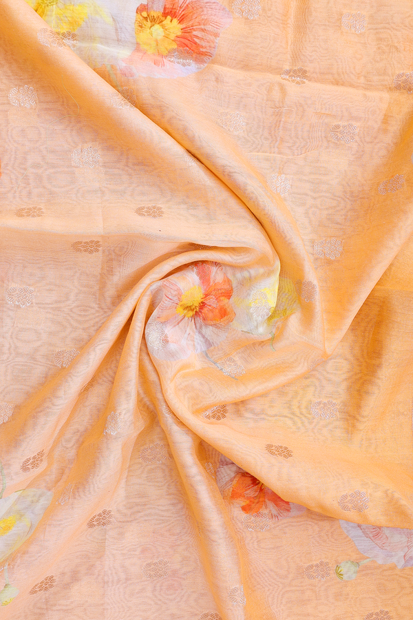 Floral Printed Design Orange Chanderi Dupatta