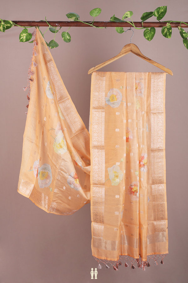 Floral Printed Design Orange Chanderi Dupatta