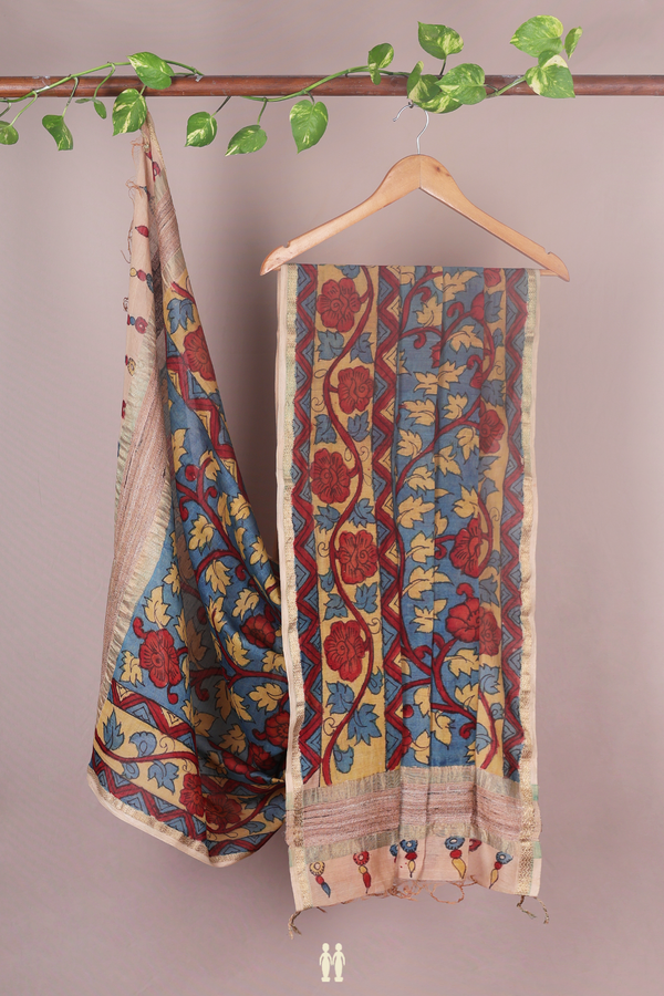 Kalamkari Design Blue Tussar Silk Dupatta