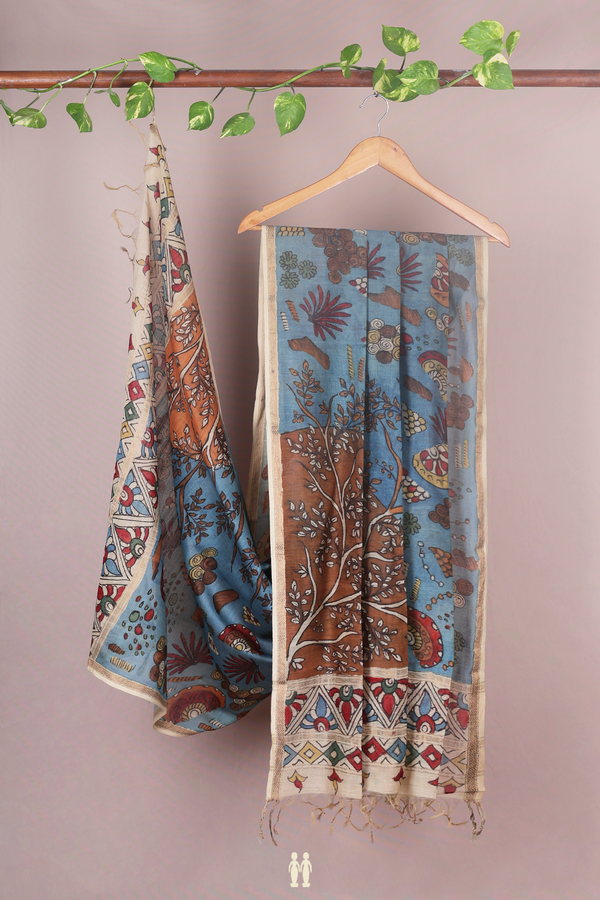 Hand Painted Design Blue Tussar Silk Dupatta