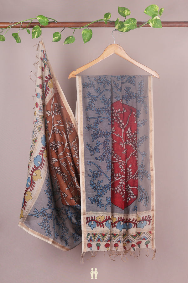 Leaf Printed Design Grey Tussar Silk Dupatta