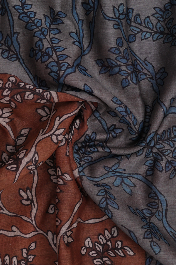 Leaf Printed Design Grey Tussar Silk Dupatta
