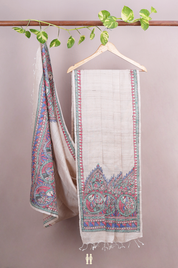 Madhubani Design Cream Color Tussar Silk Dupatta