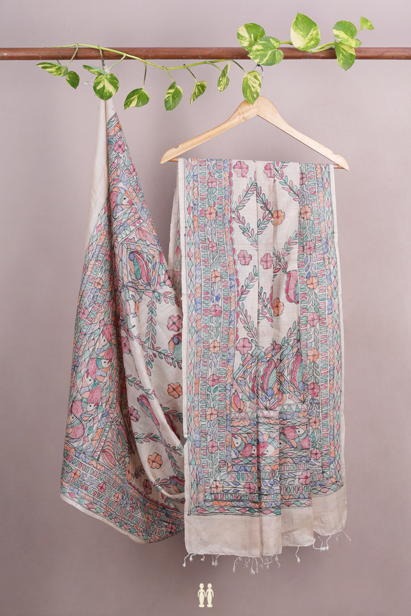 Madhubani Design Cream Color Tussar Silk Dupatta