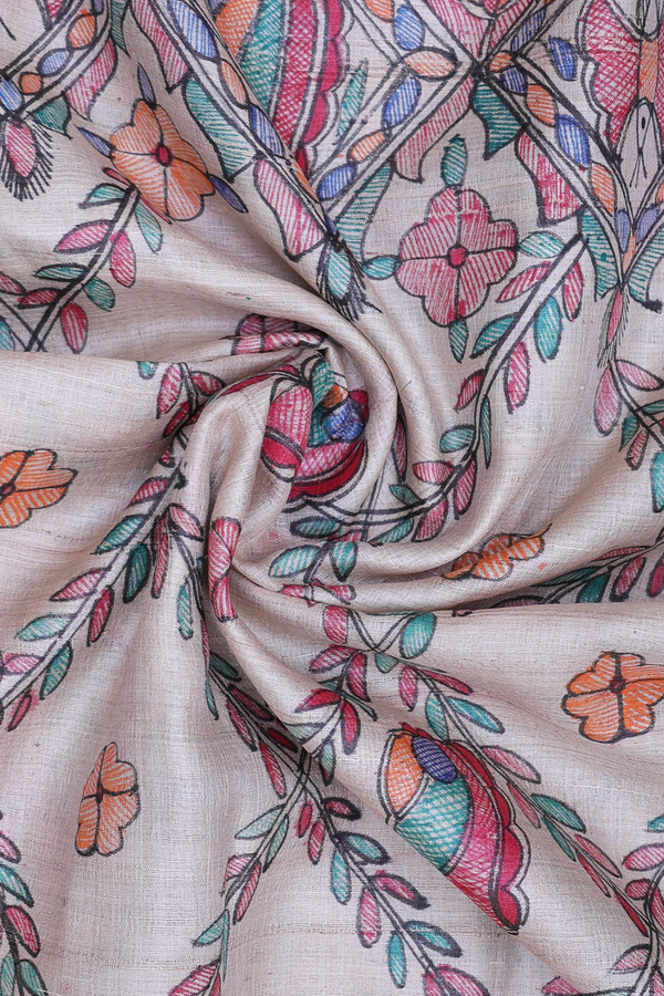 Madhubani Design Cream Color Tussar Silk Dupatta