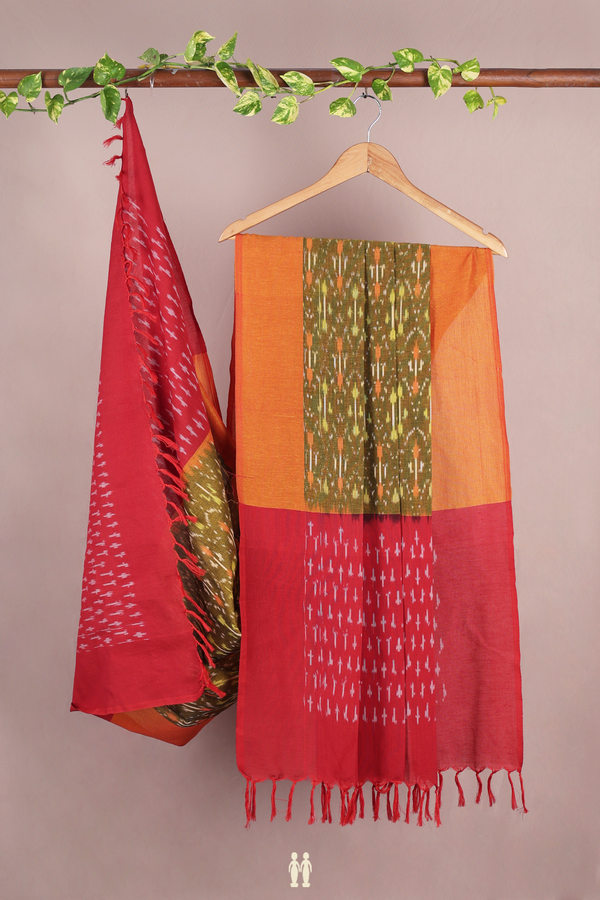 Ikat Design Greenish Brown Pochampally Cotton Dupatta