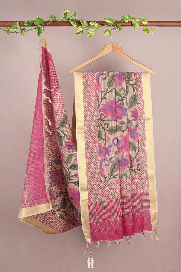 Floral Design Brown Tussar Silk Dupatta