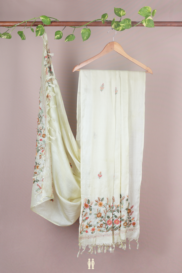 Floral Embroidered Buttas Pale Green Tussar Silk Dupatta