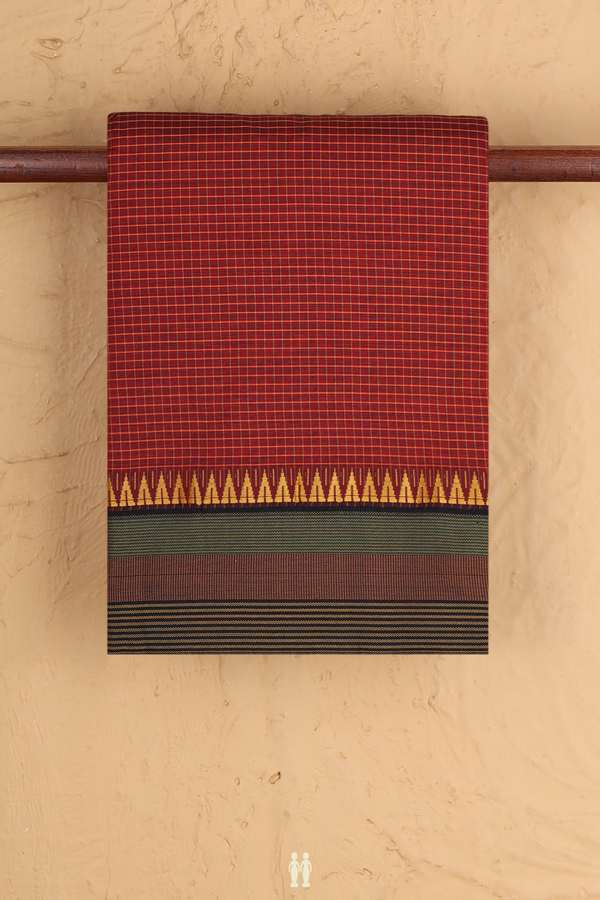 Dharwad Cotton Saree In Brick Red With Checks Design