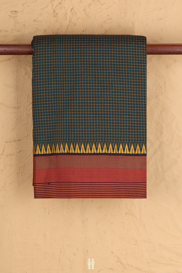Dharwad Cotton Saree In Dark Green With Checks Design