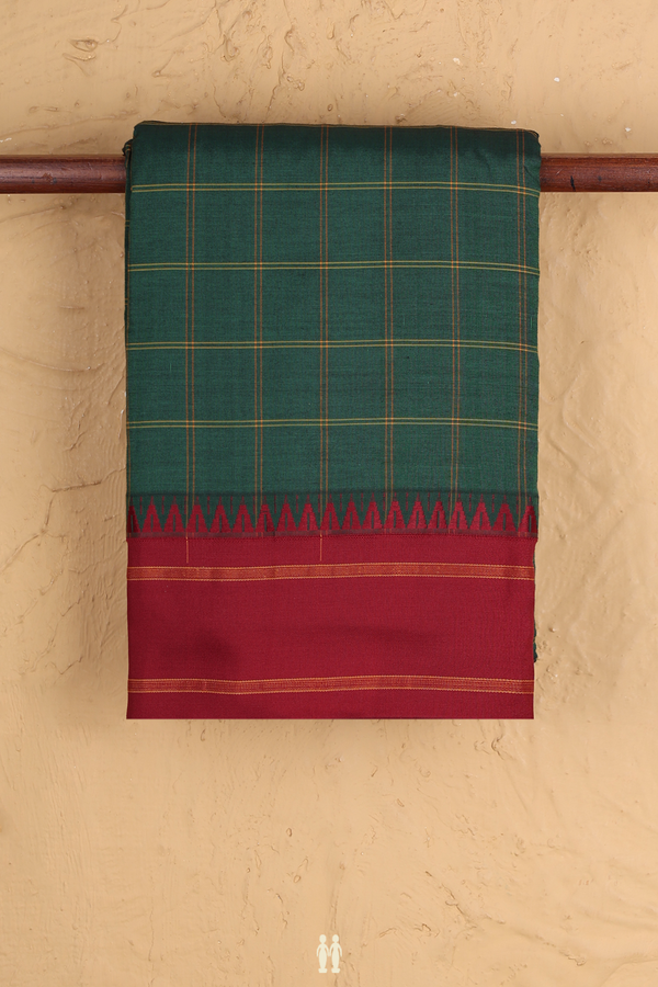 Dharwad Cotton Saree In Forest Green With Checks Design
