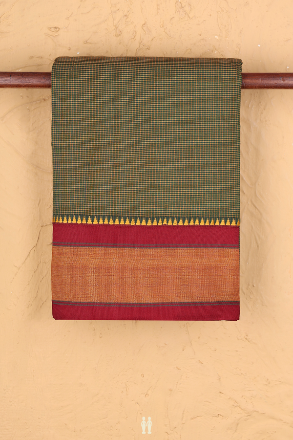 Dharwad Cotton Saree In Forest Green With Checks Design