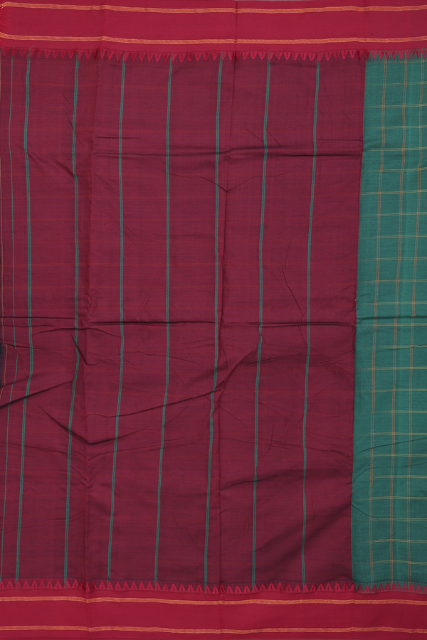 Dharwad Cotton Saree In Forest Green With Checks Design