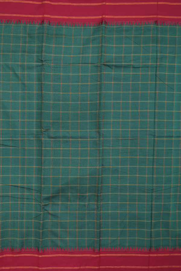 Dharwad Cotton Saree In Forest Green With Checks Design