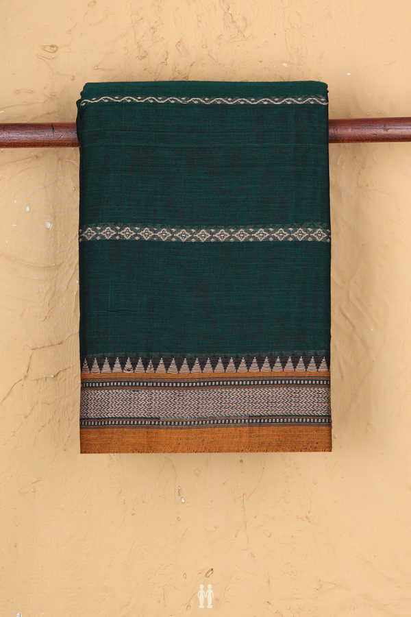 Dharwad Cotton Saree In Forest Green With Stripes Design