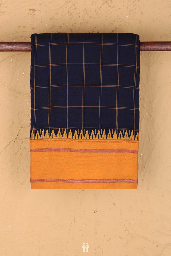 Dharwad Cotton Saree In Navy Blue With Checks Design