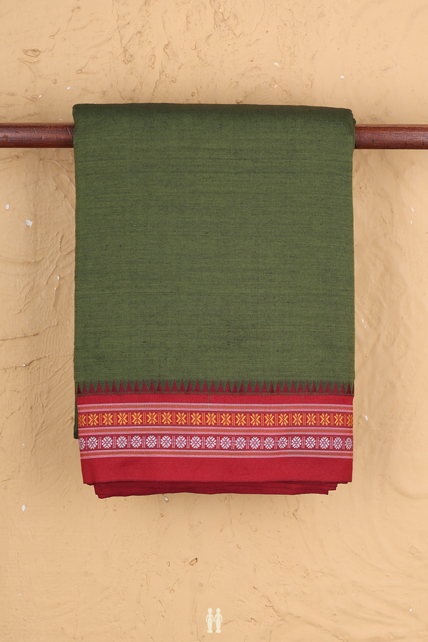 Dharwad Cotton Saree In Olive Green With Contrast Border