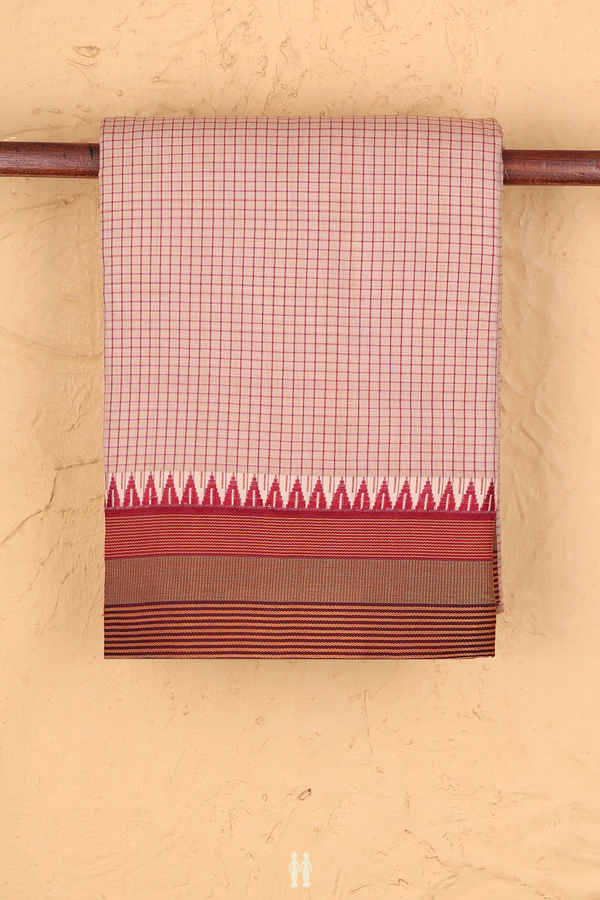 Dharwad Cotton Saree In Pastel Brown With Checks Design
