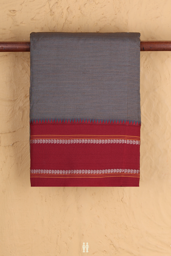 Dharwad Cotton Saree In Pigeon Blue With Stripes Design