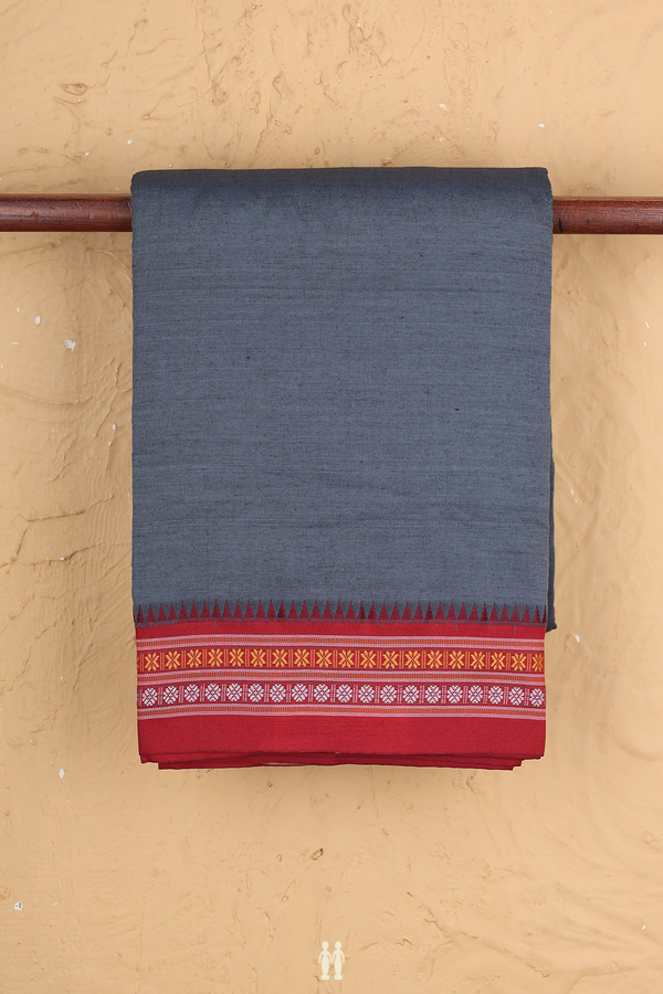 Dharwad Cotton Saree In Pigeon Blue With Contrast Border