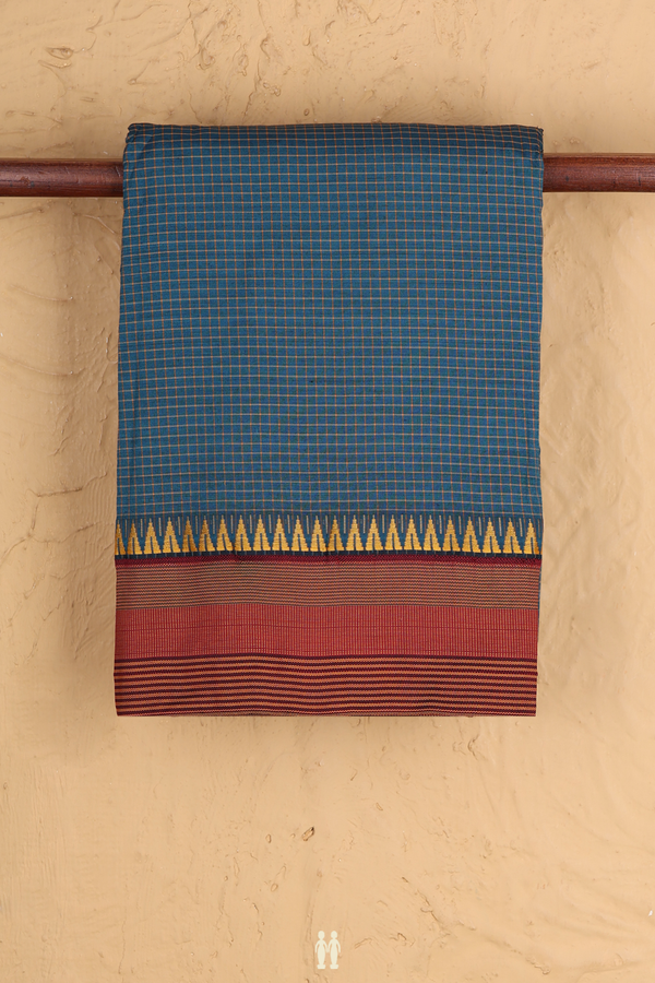 Dharwad Cotton Saree In Teal Blue With Checks Design
