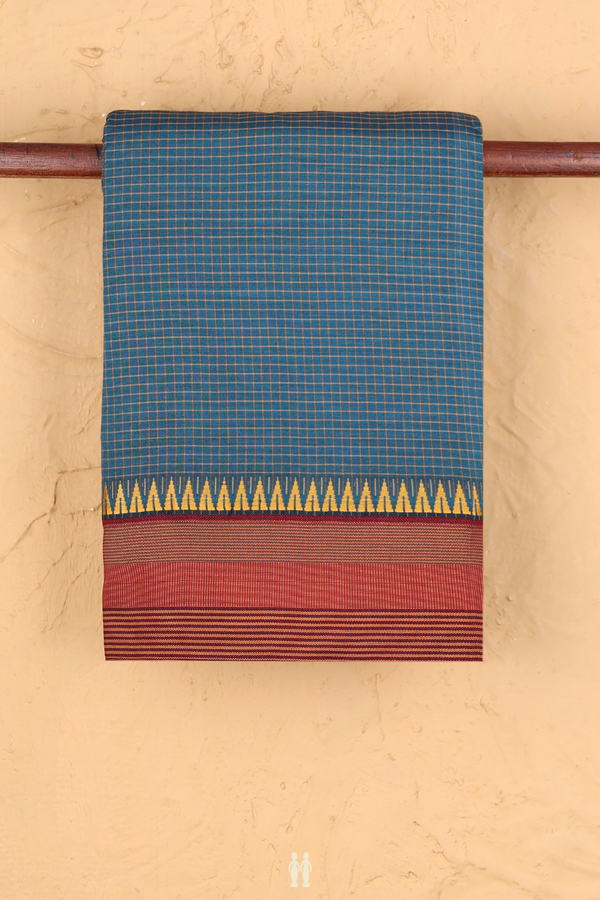 Dharwad Cotton Saree In Teal Blue With Checks Design