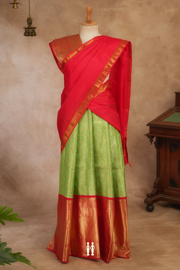 Diamond Buttas Green Kanchipuram Silk Half Saree Material