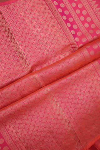 Diamond Zari Motifs Coral Pink Kanchipuram Silk Saree