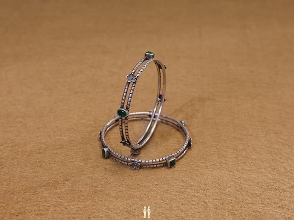 Green Stone With Double Layer Pure Silver Bangles