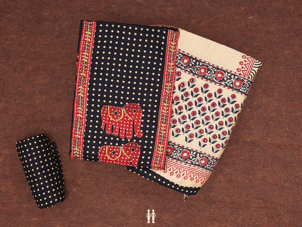 Elephant Design Black Cotton Unstitched Salwar Set