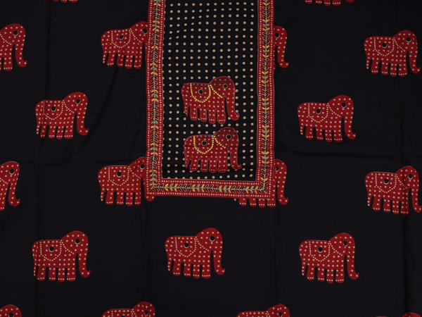 Elephant Design Black Cotton Unstitched Salwar Set