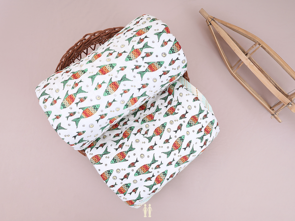 Fish Printed Design White Cotton Single Kids Bedspread