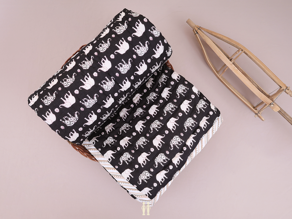 Elephant Printed Design Black Cotton Single Kids Bedspread