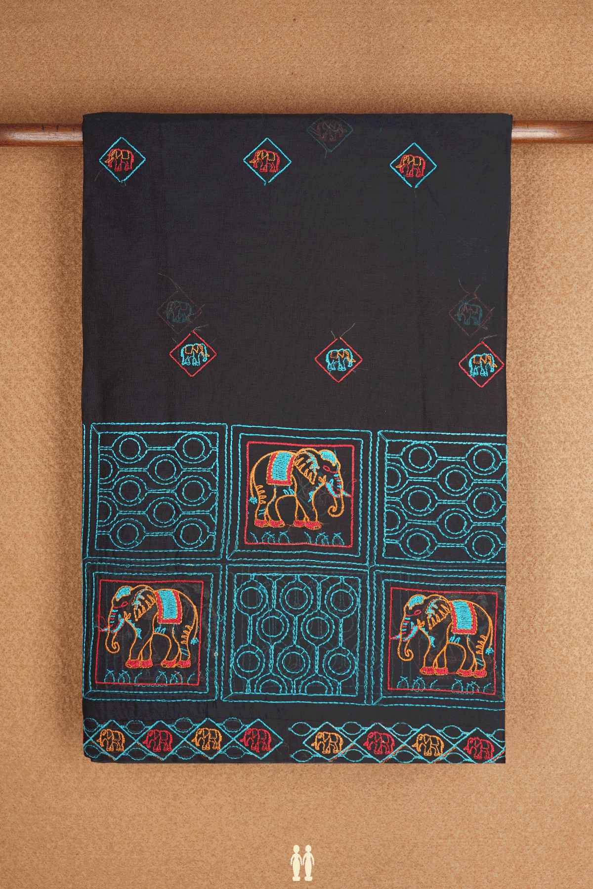 Elephant Threadwork Buttas Black Ahmedabad Cotton Saree