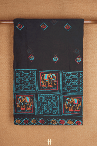 Elephant Threadwork Buttas Black Ahmedabad Cotton Saree
