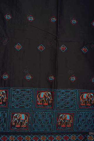 Elephant Threadwork Buttas Black Ahmedabad Cotton Saree