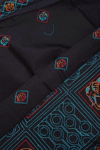 Elephant Threadwork Buttas Black Ahmedabad Cotton Saree