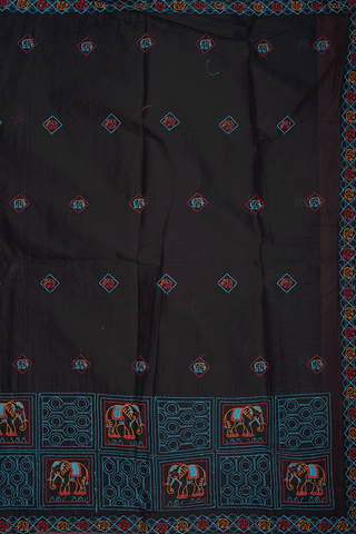 Elephant Threadwork Buttas Black Ahmedabad Cotton Saree