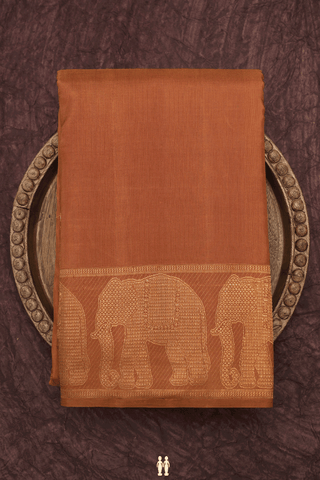 Elephant Zari Border Earthy Brown Kanchipuram Silk Saree