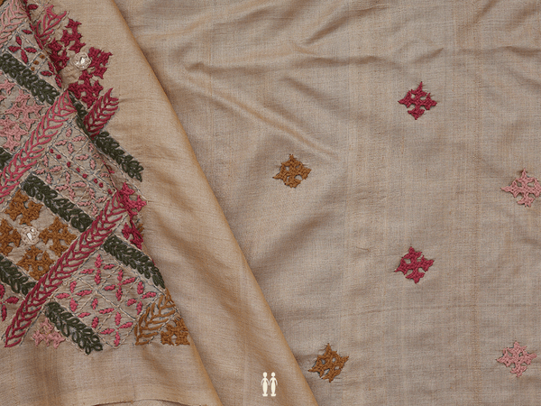 Embroidered Design Brown Tussar Silk Blouse Material