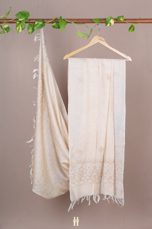 Embroidered Design Cream Color Tussar Silk Dupatta