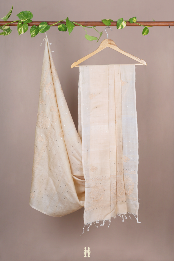 Embroidered Design Cream Color Tussar Silk Dupatta