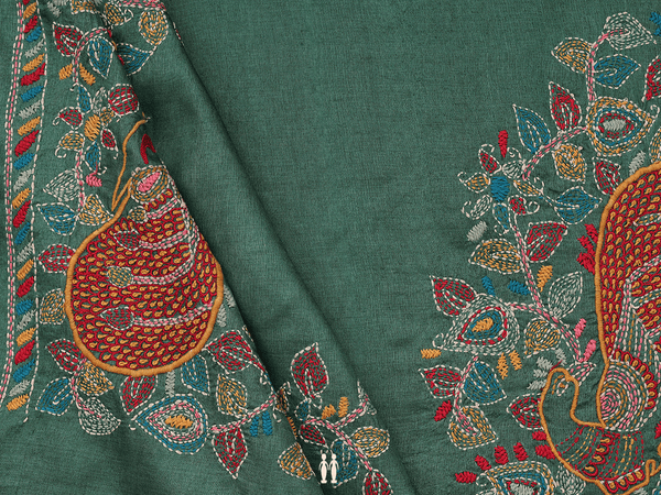 Embroidered Design Green Tussar Silk Blouse Material