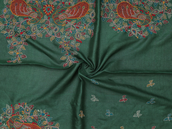 Embroidered Design Green Tussar Silk Blouse Material