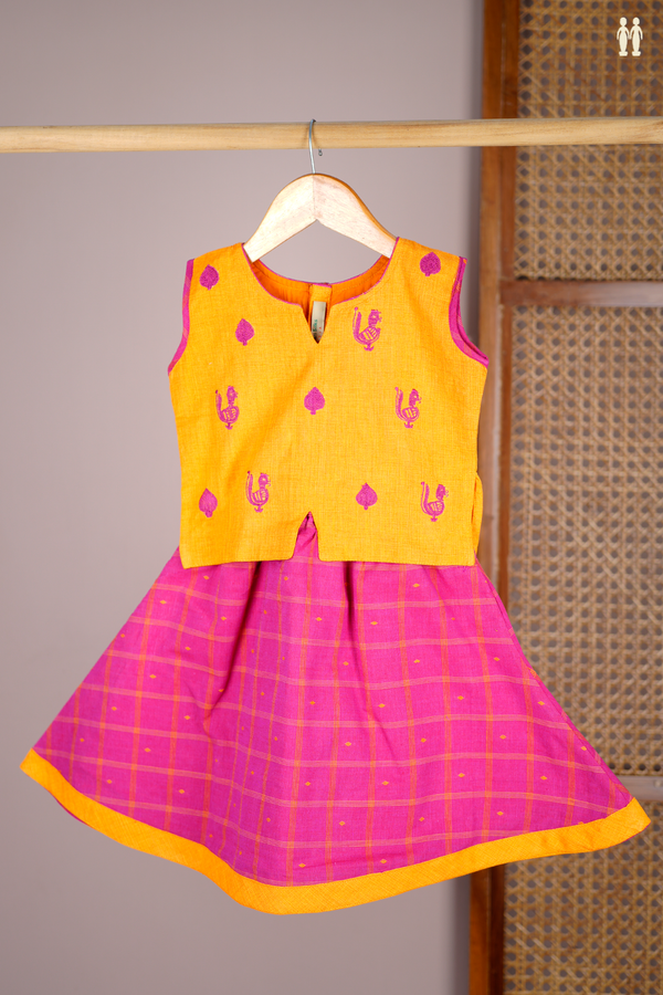 Embroidered Design Orange And Magenta Readymade Pavadai Sattai